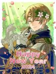  1boy 2024 alfred_(fire_emblem) blonde_hair blue_cape cape falling_petals fire_emblem fire_emblem_engage flower gloves green_eyes hair_flower hair_ornament happy_new_year kiyuu long_sleeves male_focus petals short_hair smile solo twitter_username upper_body white_gloves 