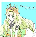  1girl bare_shoulders blonde_hair breasts butterfly_hair_ornament celine_(fire_emblem) closed_mouth crown dadaga03 dress fire_emblem fire_emblem_engage flower green_eyes hair_flower hair_ornament light_blue_background long_hair looking_at_viewer small_breasts smile solo translation_request very_long_hair 