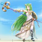  1girl armlet bare_shoulders blue_sky breasts byte_(grunty-hag1) diadem dress forehead_jewel full_body green_eyes green_hair holding holding_staff kid_icarus kid_icarus_uprising long_hair palutena shield single_thighhigh sky solo staff standing strapless strapless_dress thigh-highs very_long_hair 