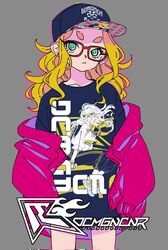  1girl :/ aqua_eyes baseball_cap blonde_hair commentary_request cowboy_shot dekomegane earrings glasses hat highres jacket jewelry long_hair long_shirt looking_at_viewer off_shoulder original pink_jacket red-framed_eyewear sasetsu shirt solo stud_earrings t-shirt thick_eyebrows 