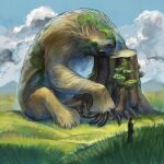  1other animal animal_focus blue_sky claws closed_eyes clouds day highres hill level-00 moss original outdoors oversized_animal procreate_(medium) sitting sky sleeping sloth_(animal) staff standing tree_stump 