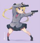  1girl black_footwear black_ribbon black_skirt black_socks blazer blonde_hair closed_mouth collared_shirt dual_wielding grey_jacket gun hair_between_eyes hair_ribbon holding holding_gun holding_weapon jacket kill_me_baby kuromiya loafers long_hair looking_to_the_side necktie one-hour_drawing_challenge pleated_skirt purple_background red_necktie ribbon school_uniform shadow shirt shoes simple_background skirt socks solo sonya_(kill_me_baby) twintails twitter_username very_long_hair violet_eyes weapon weapon_request white_shirt 