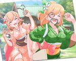  :3 absurdres alternate_costume animal_ears badminton belt blonde_hair blush bow brown_belt camouflage caracal_(kemono_friends) cat_ears cat_girl closed_eyes extra_ears facepaint fang floral_print_kimono flower green_bow green_kimono hagoita hair_between_eyes hair_bow hair_flower hair_ornament hanetsuki highres indie_virtual_youtuber ink irodori_mayoi japanese_clothes kemono_friends kemono_friends_v_project kimono lowlandgorilla obi open_mouth orange_hair orange_kimono paddle paintbrush pink_bow ponytail running sash sidelocks smile waist_bow yellow_belt 