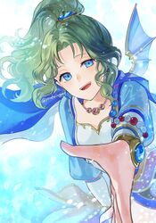  1girl :d blue_eyes earrings final_fantasy final_fantasy_vi green_hair jewelry kiyuu long_hair long_sleeves looking_at_viewer official_alternate_costume open_mouth outstretched_hand ponytail smile solo teeth terra_branford twitter_username upper_body upper_teeth_only wings 