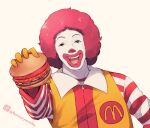 1boy :d afro black_eyes brown_background burger clown colored_skin facepaint food gloves holding holding_food jumpsuit kuromiya looking_at_viewer male_focus mascot mcdonald&#039;s one-hour_drawing_challenge red_lips redhead ronald_mcdonald simple_background smile solo striped_sleeves twitter_username upper_body white_skin yellow_gloves yellow_jumpsuit