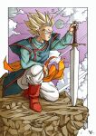  1boy arm_on_knee blonde_hair blue_shirt boots border closed_mouth clouds dragon_ball dragon_ball_z earrings floating_clothes green_eyes highres holding holding_sword holding_weapon jewelry kakeru_(dbskakeru) long_sleeves male_focus multiple_moons on_one_knee pants planted planted_sword purple_sky red_footwear serious shirt sky solo son_gohan spiky_hair super_saiyan super_saiyan_2 sword toriyama_akira_(style) weapon white_border white_pants wind z_sword 