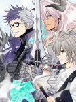  3boys absurdres blue_eyes fate/grand_order fate_(series) gauntlets genmai_(crowcrowclown) glasses grey_hair highres holding holding_sword holding_weapon horns male_focus multicolored_hair multiple_boys red_eyes sieg_(fate) siegfried_(fate) sigurd_(fate) sword two-tone_hair weapon 