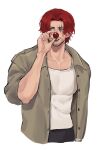  1boy absurdres buggy_the_clown buggy_the_clown_(cosplay) clown_nose cosplay facial_hair highres long_hair male_focus one_piece red_nose redhead scar scar_across_eye scar_on_face shanks_(one_piece) shirt smile vamos_mk white_shirt 