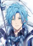  1boy altventurer_(regis_altare) bandaid bandaid_on_neck bishounen blue_hair blue_scarf closed_mouth commentary ear_piercing earphones earphones earrings feather_earrings feathers green_eyes highres holostars holostars_english hood hood_down jewelry male_focus piercing portrait regis_altare scarf shin_diena short_hair smile snowing solo symbol-only_commentary transparent transparent_umbrella umbrella virtual_youtuber white_background winter_clothes 