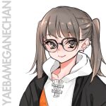  1girl :3 black-framed_eyewear black_jacket ear_piercing earrings glasses grey_eyes grey_hair hood hoodie jacket jewelry looking_at_viewer medium_hair original piercing sasetsu smile solo twintails upper_body white_hoodie 