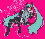  1girl :3 blue_hair cat_girl dolphxpolar fortnite furry furry_female fusion hatsune_miku high_heels highres long_hair long_sleeves looking_at_viewer meowscles pink_background sitting skirt thigh-highs twintails vocaloid 