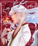 1girl breathing_fire dragon_tail fake_horns fire fire_emblem fire_emblem:_radiant_dawn grey_hair half_updo highres horns japanese_clothes kimono long_hair long_sleeves marth-chan_(micaiah_mrmm) micaiah_(fire_emblem) open_mouth red_background red_nails signature simple_background solo tail upper_body white_kimono wide_sleeves yellow_eyes 
