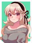  1girl bare_shoulders black_hairband blush breasts corrin_(female)_(fire_emblem) corrin_(fire_emblem) fire_emblem fire_emblem_fates hair_between_eyes hairband highres large_breasts long_hair looking_at_viewer nonoworks off-shoulder_sweater off_shoulder pointy_ears red_eyes signature simple_background smile solo sweater white_hair 