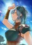  1girl armor blue_sky breastplate earrings echidna_(fire_emblem) fire_emblem fire_emblem:_the_binding_blade from_side green_eyes grey_hair hairband jewelry kiyuu looking_up medium_hair shoulder_armor shoulder_spikes sky sleeveless smile solo spikes upper_body 