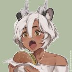  1girl animal_ear_fluff animal_ears blush burger commentary dark-skinned_female dark_skin dragon_girl eating english_commentary fang food green_background green_eyes highres horns indie_virtual_youtuber mole mole_under_eye off-shoulder_sweater off_shoulder open_mouth p-san_(sansin) sansin_jin short_hair solo sweater tiger_ears virtual_youtuber vyugen white_hair white_sweater 