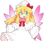  1girl blonde_hair blue_eyes capelet dress fairy fairy_wings hat ini_(inunabe00) lily_white long_hair long_sleeves simple_background solo touhou white_background white_capelet white_dress white_headwear wide_sleeves wings 