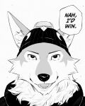  black_eyes fortnite furry furry_male highres kou_(ixkouu) looking_at_viewer meme monochrome nah_i&#039;d_win_(meme) smile speech_bubble talking wendell_(fortnite) wolf_boy 