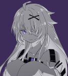  1girl ahoge bandage_over_one_eye closed_mouth greyscale hair_between_eyes hair_ornament highres long_hair monochrome no.21:_xxi_(punishing:_gray_raven) no.21_(punishing:_gray_raven) punishing:_gray_raven purple_background sidelocks sleeves_past_fingers sleeves_past_wrists solo suspenders tro_vo0723 unkempt violet_eyes x_hair_ornament 