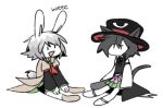  2others animal_ears black_coat black_hair black_headwear black_ribbon black_shorts brown_coat cat_ears cat_tail coat colored_skin commentary_request detached_sleeves ears_through_headwear enraku_tsubakura grey_hair hat houlen_yabusame kemonomimi_mode len&#039;en ling_s long_sleeves miniskirt multiple_others neck_ribbon no_mouth no_nose open_mouth other_focus pleated_skirt rabbit_ears rabbit_tail ribbon short_hair shorts simple_background sitting sketch skirt sleeveless sleeveless_coat sleeves_past_fingers sleeves_past_wrists smile tail white_background white_skin white_sleeves 