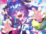  1girl :d @_@ ahoge animal_ears aqua_hair blue_eyes blue_hair blurry bow chromatic_aberration commentary crossed_bangs curled_fingers depth_of_field drawstring fingernails hair_bow hands_up heterochromia highres hood hoodie horse_ears horse_girl long_hair long_sleeves looking_at_viewer maigo_(user_xkwr8585) multicolored_clothes multicolored_hair multicolored_hoodie open_mouth sharp_teeth sidelocks smile solo striped striped_bow stuffed_animal stuffed_rabbit stuffed_toy teeth twin_turbo_(umamusume) twintails two-tone_hair umamusume upper_body upper_teeth_only violet_eyes 