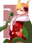  1girl antlers blonde_hair dragon_girl dragon_horns dragon_tail highres horns japanese_clothes kicchou_yachie kimono kitsunegi0891 looking_at_viewer red_kimono short_hair smile tail touhou turtle_shell yellow_eyes yellow_horns 