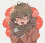  1boy black_hair blue_eyes blush bow brown_coat brown_mittens coat earmuffs ensemble_stars! fang green_scarf heterochromia highres kagehira_mika long_sleeves male_focus mittens multicolored_clothes multicolored_scarf nahso3h open_mouth plaid plaid_scarf red_scarf scarf scarf_bow short_hair smile solo yellow_eyes 