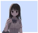  1girl aaa_(unkounkounko712) absurdres blue_background brown_hair carrying_bag closed_mouth highres long_hair original school_uniform simple_background solo upper_body 