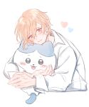  1boy blush character_request heart highres hugging_object jacket long_sleeves looking_at_viewer male_focus miyama_kei orange_eyes orange_hair paradox_live s2_y0u short_hair smile solo stuffed_animal stuffed_cat stuffed_toy teeth white_background white_jacket 