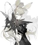  1girl alternate_costume animal_ears arknights back back_cutout bird_wings black_dress black_wings blonde_hair clothing_cutout dorothy_(arknights) dress from_behind grey_wings hair_between_eyes highres holding holding_jewelry jewelry juliet_sleeves long_hair long_sleeves looking_at_viewer looking_back median_furrow multiple_wings muted_color puffy_sleeves rabbit_ears rabbit_girl ring solo upper_body veil wings wulonglieche_chayuan yellow_eyes 