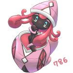 black_skin blue_eyes colored_skin commentary_request looking_at_viewer okiza_yuuri pink_eyes pokemon pokemon_(creature) redhead simple_background tapu_lele two-tone_eyes white_background 