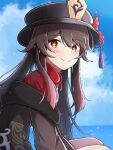  1girl absurdres black_headwear black_jacket blush day flower from_side genshin_impact hat hat_flower heykenp_12 highres hu_tao_(genshin_impact) jacket looking_at_viewer outdoors red_eyes red_flower red_shirt shirt sitting smile solo symbol-shaped_pupils 