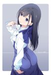 1girl black_hair blue_dress blue_eyes commentary_request dated dress gradient_background grey_background highres long_hair long_sleeves looking_at_viewer monai-chan_(nii_manabu) nii_manabu original shirt signature solo white_shirt 