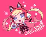  1girl :3 animal_ear_headphones animal_ears black_dress black_thighhighs blonde_hair blue_eyes buttons cat_tail chibi dress eyelashes fake_animal_ears full_body headphones jacket kotorai long_hair looking_at_viewer lucky_chloe no_nose open_mouth pink_background pink_jacket red_footwear signature simple_background solo tail tekken thigh-highs twintails 