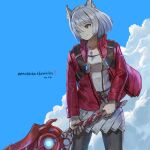  1girl absurdres animal_ear_fluff animal_ears artist_name black_pantyhose blue_sky breasts cat_ears cat_girl chest_jewel closed_mouth clouds copyright_name cowboy_shot day dress grey_hair highres holding holding_sword holding_weapon jacket legs_apart level-00 long_sleeves medium_breasts mio_(xenoblade) monado open_clothes open_jacket pantyhose red_jacket short_hair sky smile solo standing sword weapon white_dress xenoblade_chronicles_(series) xenoblade_chronicles_3 yellow_eyes 
