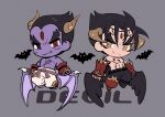  2boys bat_(animal) belt black_eyes black_hair black_wings brown_horns chain chest_tattoo colored_skin demon_boy demon_wings devil_jin english_text facial_mark forehead_jewel gloves grey_background horns kazama_jin kotorai male_focus mishima_kazuya multiple_boys pants purple_belt purple_skin purple_wings red_eyes red_gloves scar scar_on_arm scar_on_cheek scar_on_chest scar_on_face smile tattoo tekken thick_eyebrows third_eye topless_male v-shaped_eyebrows white_pants wings yellow_eyes 