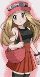  1girl :o bag bare_shoulders black_shirt black_thighhighs blonde_hair cowboy_shot emapippi eyewear_on_headwear grey_eyes hat highres long_hair looking_to_the_side open_mouth pleated_skirt pokemon pokemon_xy red_bag red_headwear red_skirt serena_(pokemon) shirt shoulder_bag skirt sleeveless sleeveless_shirt solo thigh-highs 