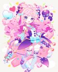  1girl :d clown demon_girl demon_horns demon_tail dress full_body highres horns light_brown_background original pink_hair saijo1201 smile tail thigh-highs 