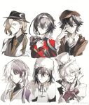  1girl 5boys absurdres adjusting_eyewear beanie bishounen black-framed_eyewear black_bow black_coat black_hair black_headwear black_jacket black_shirt black_sweater black_vest blonde_hair blue_eyes blue_necktie bow braid brown_coat brown_headwear brown_necktie bungou_stray_dogs cabbie_hat card character_name chinese_commentary closed_mouth coat coattails collared_jacket collared_shirt commentary_request cui_(jidanhaidaitang) earflap_beanie edogawa_ranpo_(bungou_stray_dogs) expressionless fangs finger_to_own_chin flower flower_brooch frilled_sleeves frills fur-trimmed_coat fur_trim fyodor_dostoyevsky_(bungou_stray_dogs) glasses gloves green_eyes grey_eyes grin hair_between_eyes hair_bow hair_flower hair_ornament hair_over_shoulder hairband hand_on_eyewear hand_on_own_chest hat high_collar highres izumi_kyouka_(bungou_stray_dogs) jacket japanese_clothes kimono layered_sleeves light_frown light_smile long_hair long_sleeves looking_at_viewer looking_to_the_side low_ponytail low_twintails multicolored_clothes multicolored_hair multicolored_jacket multiple_boys multiple_drawing_challenge necktie nikolai_gogol_(bungou_stray_dogs) one-eyed open_clothes open_coat open_jacket open_mouth paul_verlaine_(bungou_stray_dogs) playing_card purple_flower purple_gloves purple_hair purple_rose red_eyes red_kimono red_sleeves rose scar scar_across_eye shirt short_hair sigma_(bungou_stray_dogs) single_braid six_fanarts_challenge skin_fangs sleeves_past_wrists smile sweater top_hat turtleneck turtleneck_sweater twintails two-tone_hair two-tone_jacket upper_body v-neck vest violet_eyes white_background white_flower white_hair white_hairband white_headwear white_jacket white_shirt white_sleeves white_vest wide_sleeves 