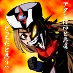  1girl black_gloves brown_eyes brown_hair brown_jacket clenched_hand devilman fire gloves hair_ribbon haruyama_kazunori helmet jacket long_hair looking_at_viewer mazinger_(series) mazinger_z mecha_musume open_mouth parody red_ribbon ribbon robot_girls_z smile solo v-shaped_eyebrows yellow_eyes z-chan 