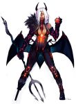  absurdres apple armor breasts cleavage dark_skin demon_girl elbow_gloves food fruit gloves gpnet hair_over_one_eye highres horns long_hair original peg-leg pitchfork polearm red_eyes saliva signature simple_background smile solo standing tongue trident weapon white_hair wings 