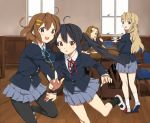  4girls black_hair blonde_hair blue_eyes brown_eyes brown_hair food hair_ornament hairband hairclip hand_on_shoulder hirasawa_yui k-on! kotobuki_tsumugi legs long_hair multiple_girls nakano_azusa open_mouth pantyhose school_uniform short_hair skirt smile tainaka_ritsu twintails 