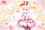  1girl aisaki_emiru ankle_boots blonde_hair boots bow closed_mouth cure_macherie curly_hair dress frills full_body glove_bow gloves hair_bow heart highres hugtto!_precure layered_dress long_hair looking_to_the_side magical_girl precure puffy_sleeves red_bow red_eyes red_footwear shipu_(gassyumaron) smile solo squatting thigh-highs twintails white_gloves white_legwear 