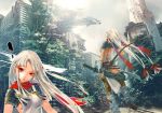  bow_(weapon) breasts building hair_bow hair_ribbon long_hair original overgrown red_eyes redjuice ribbon scarf sideboob sword tree weapon white_hair 