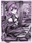  book breasts cleavage glasses hair_bun hat highres koihime_musou long_sleeves monochrome nobita ryomou solo writing 