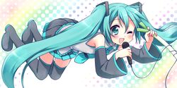  aqua_hair blush hatsune_miku long_hair mani spring_onion thighhighs vocaloid wink 