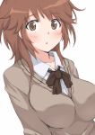  1girl amagami blush breasts brown_eyes brown_hair long_hair minato_satoi necktie sakurai_rihoko school_uniform short_hair solo sweater 