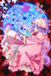  book bow butterfly capelet checkered crescent crescent_moon flower hair_bow hat hat_ribbon long_hair mai20 patchouli_knowledge petals purple_eyes purple_hair ribbon rose solo stained_glass striped touhou very_long_hair violet_eyes 