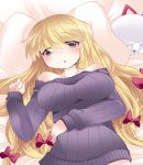  1girl :o alternate_costume bare_shoulders blonde_hair blush bow breasts hair_bow hammer_(sunset_beach) hat hat_removed headwear_removed large_breasts long_hair lying naked_sweater on_back pillow ribbed_sweater solo sweater touhou yakumo_yukari 