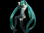  aqua_hair bad_id boots breasts detached_sleeves hand_on_thigh hatsune_miku idsuru legs long_hair microphone microphone_stand necktie open_mouth sideboob simple_background skirt solo thigh-highs thigh_boots thighhighs twintails very_long_hair vocaloid 