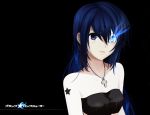  black_rock_shooter_(character) blue_eyes blue_hair cross dark glowing glowing_eyes highres jewelry long_hair necklace simple_background solo star tattoo ushas 